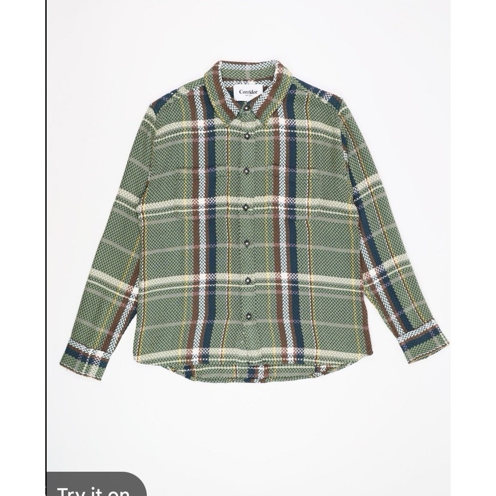Corridor New York Men's Green  Plaid Herringbone Cotton Long Sleeve Shirt Large